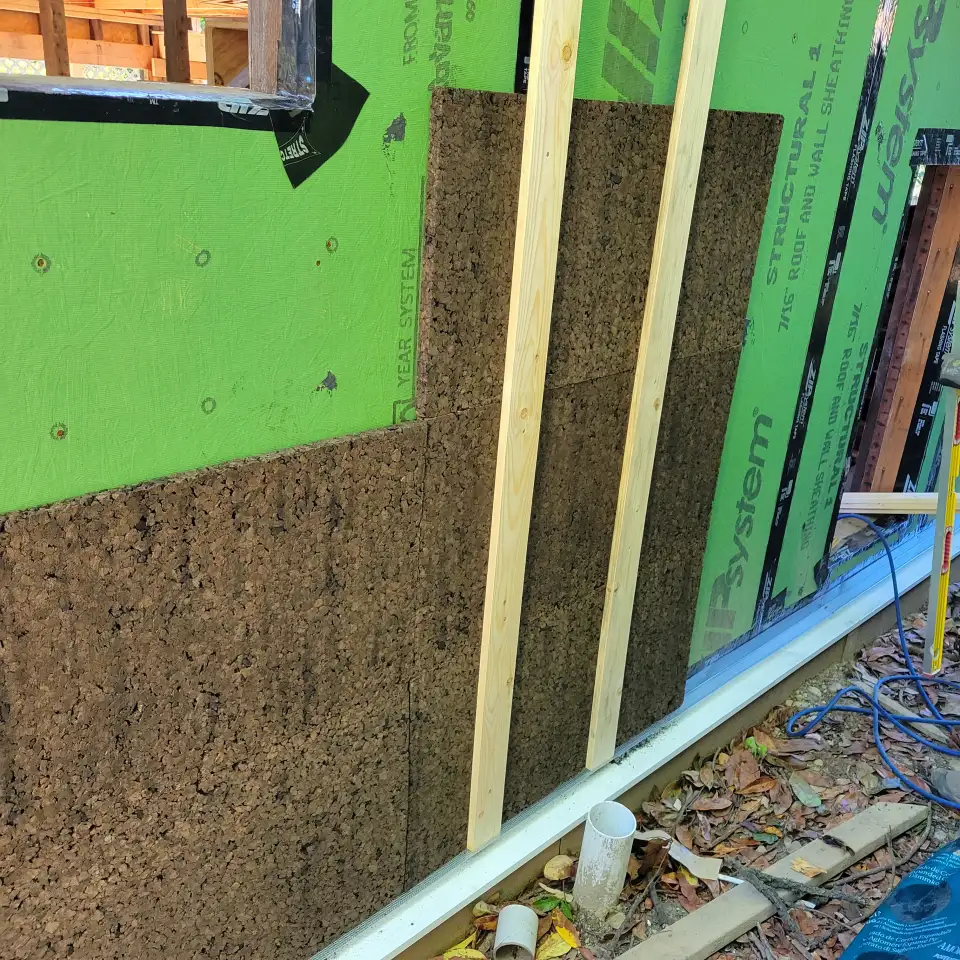 The rigid cork board installed on the outside of the sheathing. Photo courtesy of Sean Conta.