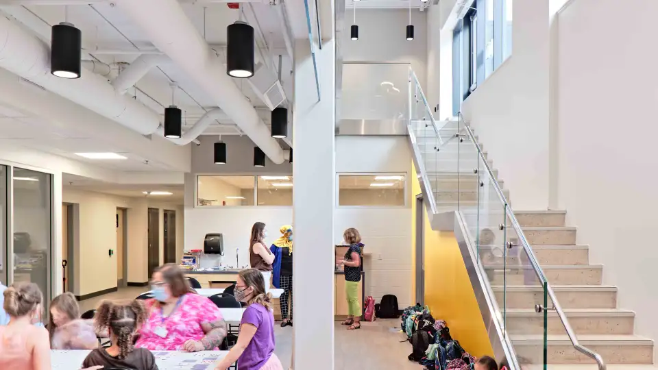 The Putman Family YWCA Passive House    View of interior multipurpose space on lower level