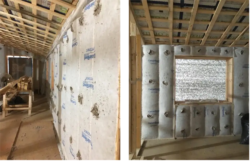 Cellulose installed behind mesh netting in the Meadow House.